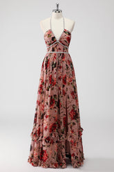 Dusty Rose Neckholder Blumen A Linie Hochzeitsgastkleid mit Schlitz